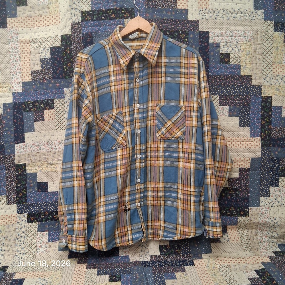 Vintage 1970s Big Mac Flannel‎ Shirt Size XL Tall Blue and Orange Plaid JCPenney
